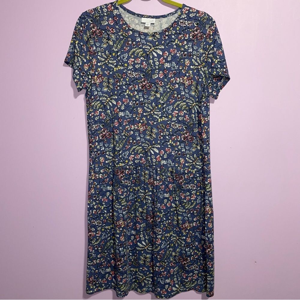 J Jill Short Sleeve Midi Shirt Dress Women Size M Navy Floral Casual Stretch